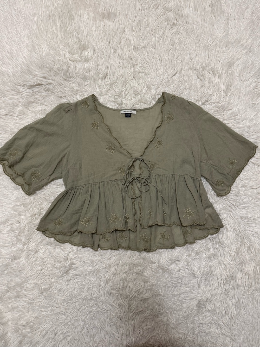 American Eagle Outfitters Olive Tie-Front Peplum Blouse
